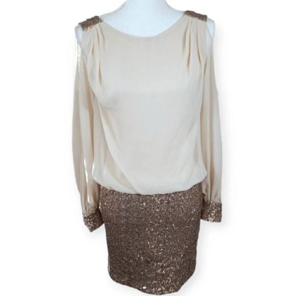 CACHE BEIGE/CHAMPAGNE SEQUIN SKIRT DRESS SZ.0/XS EUC. - Picture 1 of 6